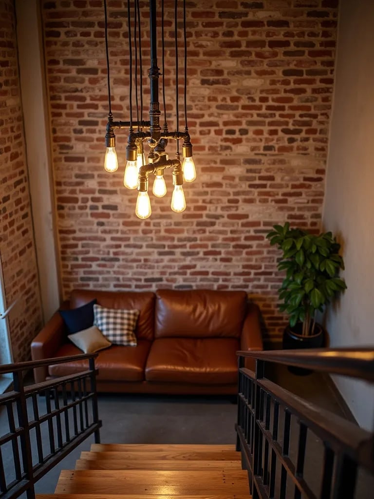 High ceilinged room with exposed brick and DIY industrial chandelier