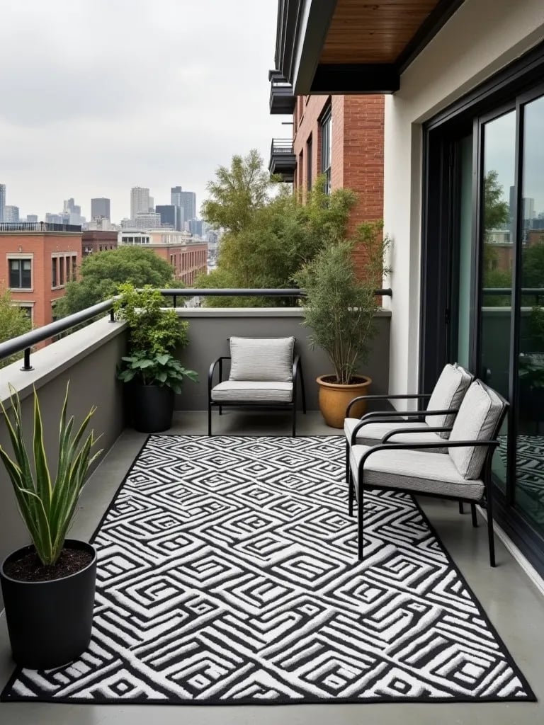 Industrial balcony with graphic black and white rug and metal furniture