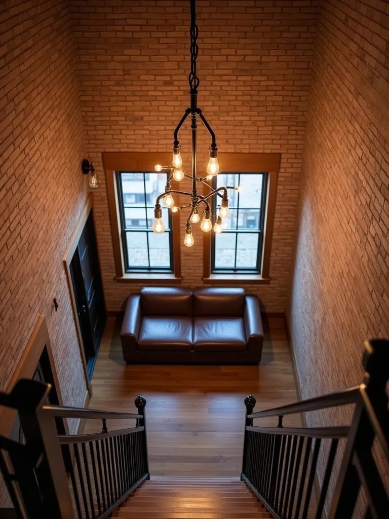 Industrial living room with DIY pipe and Edison bulb chandelier above leather sofa