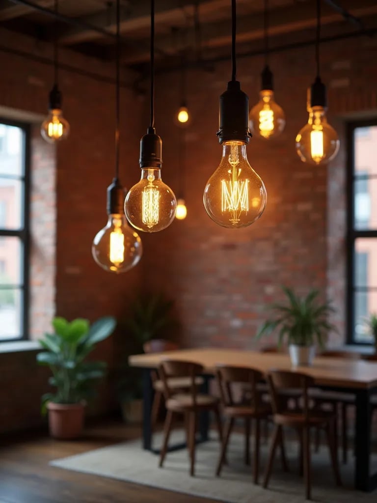 Industrial living room with exposed brick and clustered Edison bulb pendants