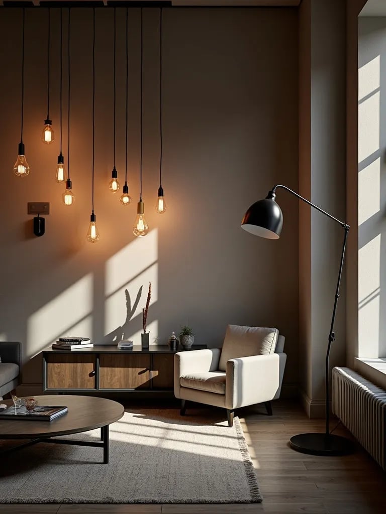 Industrial living room with exposed bulb pendants and pipe inspired lights