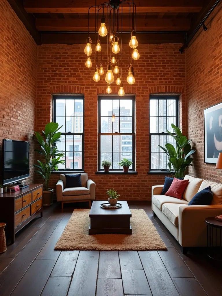 Industrial loft living room with Edison bulb pendant lights and brick walls