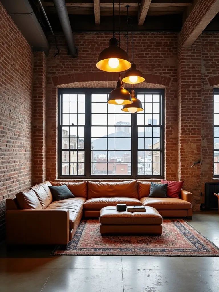 Industrial loft living room with large factory inspired pendant lights