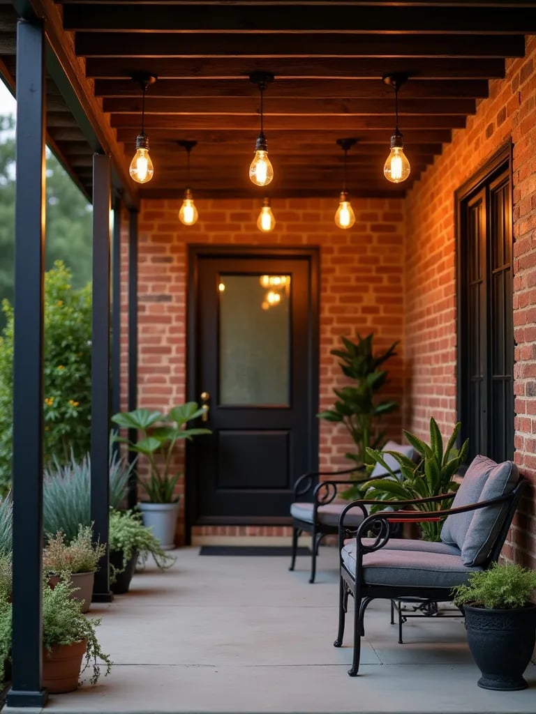 Industrial porch with Edison bulbs and metal furniture