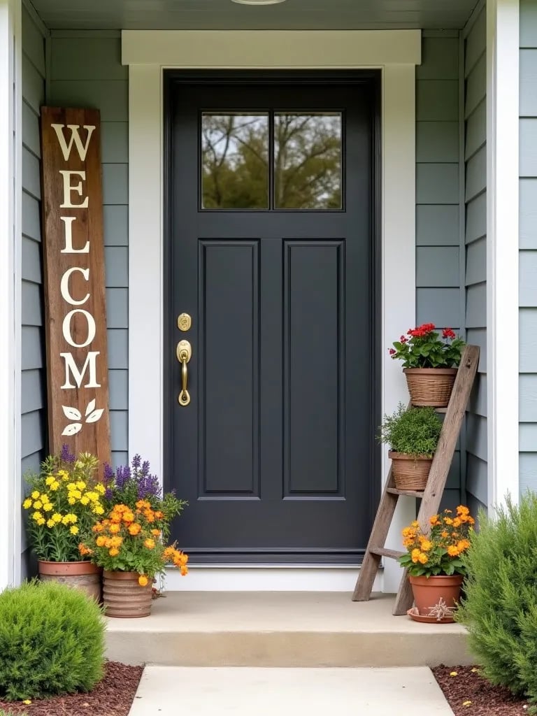 Inviting porch entrance featuring handmade decor and colorful flower arrangements