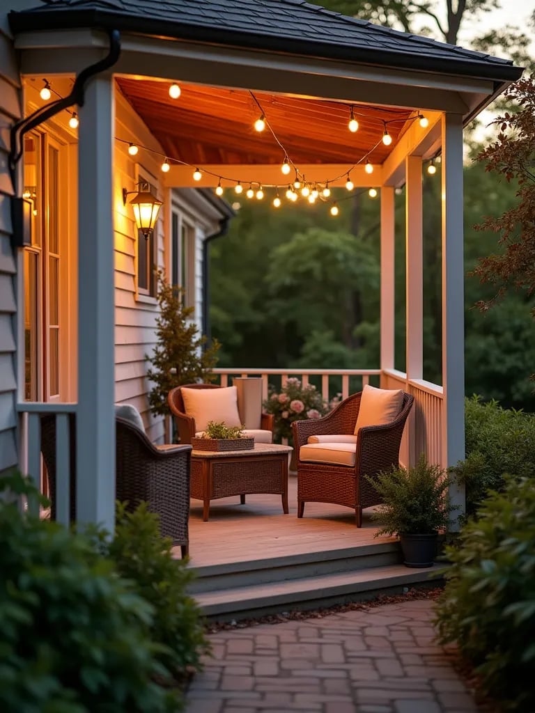 Inviting porch setup with various furniture types and ambient lighting