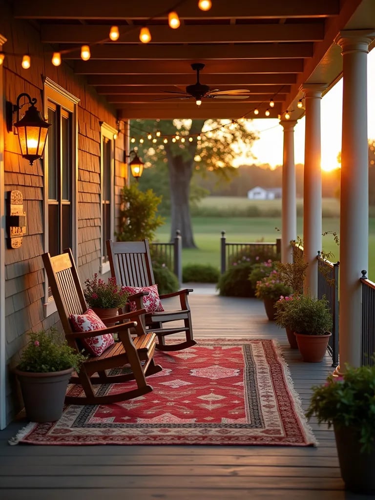 Inviting porch with stylish rug, rocking chairs, and ambient lighting