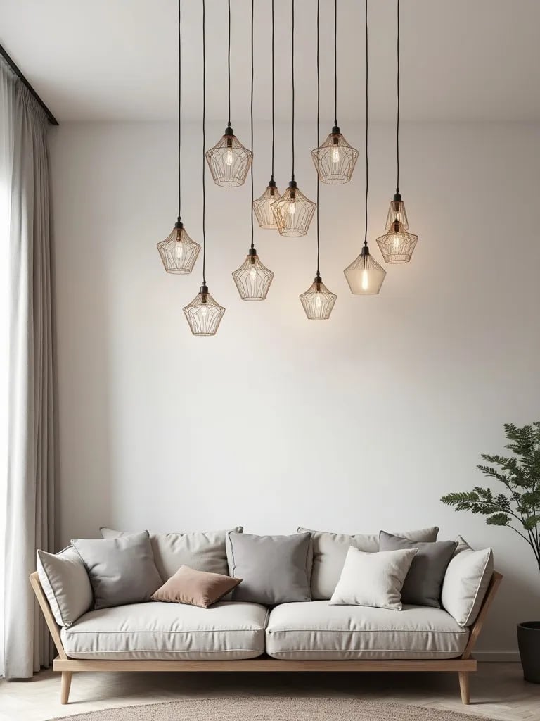 Light colored ceiling adorned with starry arrangement of wire pendant lights