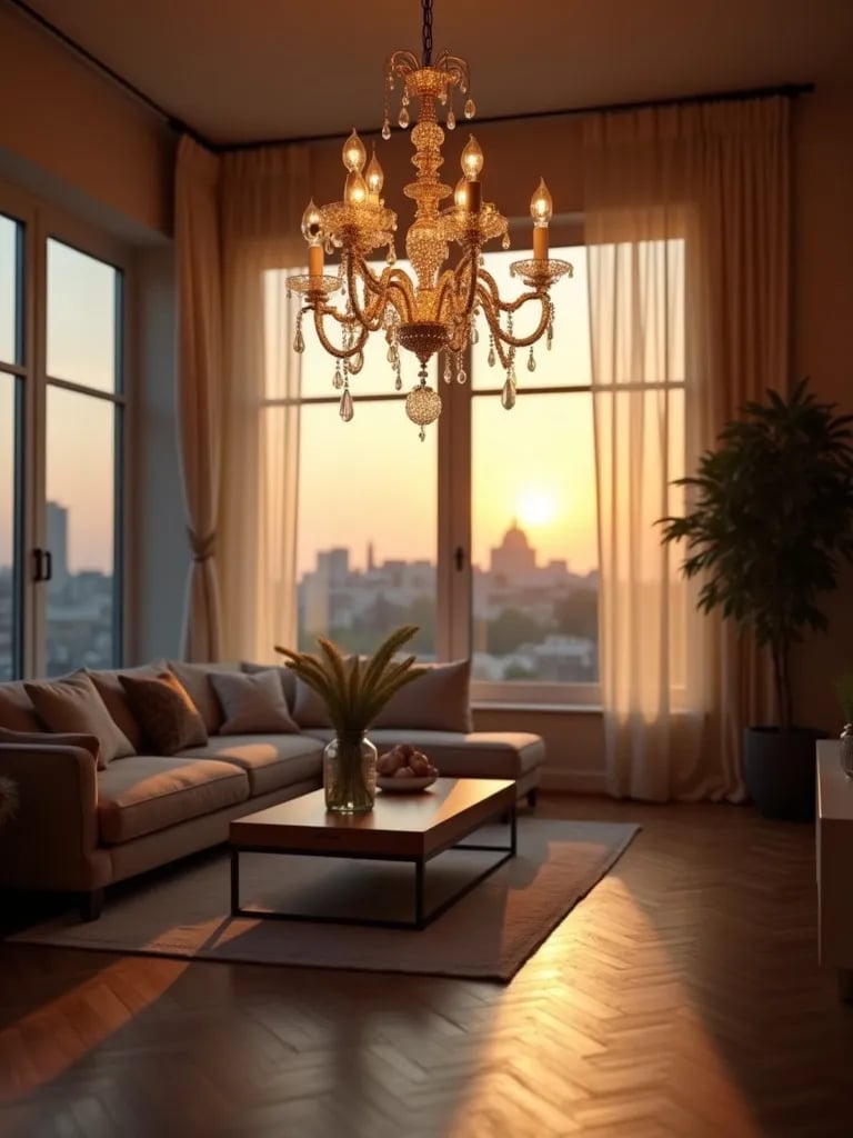 Living room chandelier with interchangeable LED, incandescent, and fluorescent bulbs