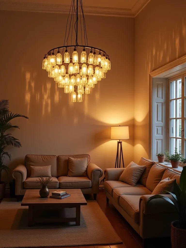 Living room featuring a grand DIY mason jar chandelier with intricate light patterns