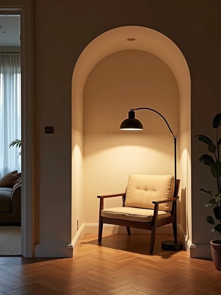 Living room featuring large arching floor lamp as focal point