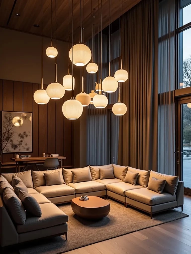 Living room featuring multi level pendant light arrangement