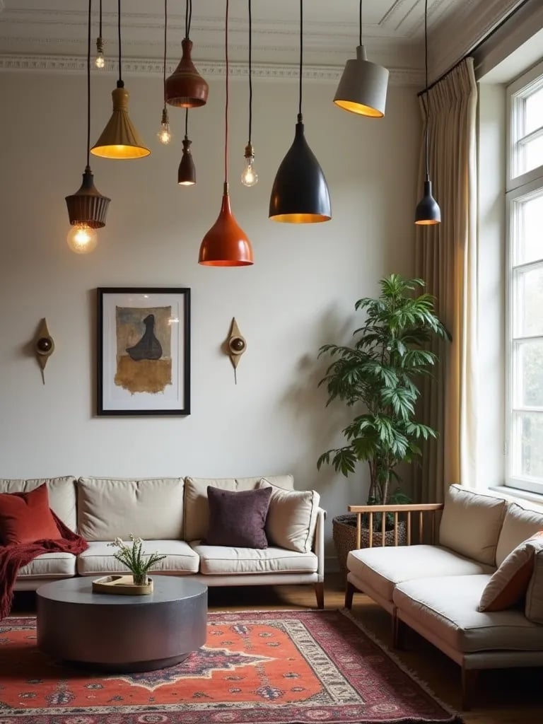 Living room featuring whimsical arrangement of diverse pendant lights