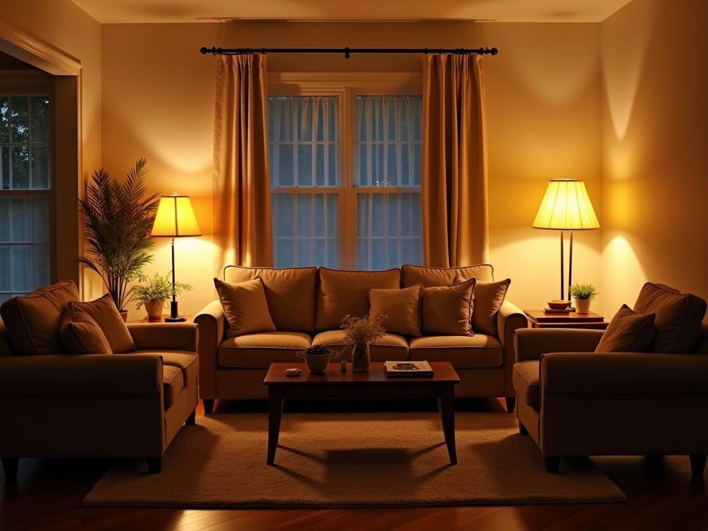 Living room with LED, incandescent, and fluorescent lighting areas
