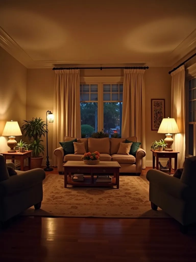 Living room with LED, incandescent, and fluorescent lighting areas