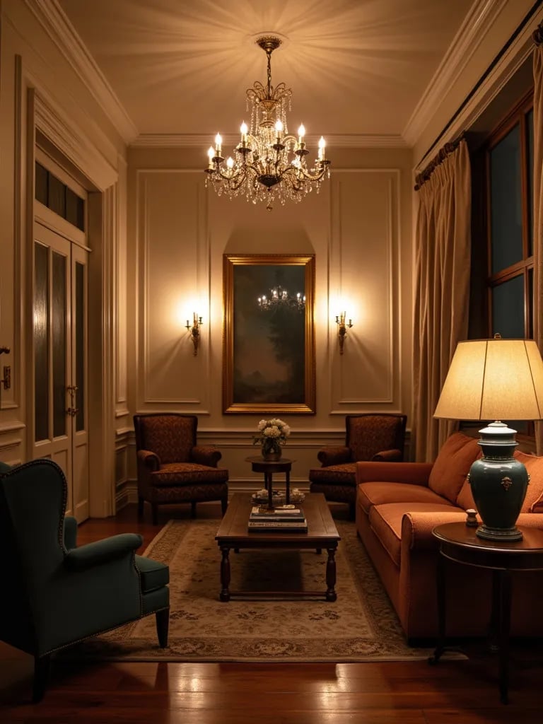 Living room with multiple light fixtures creating warm ambiance