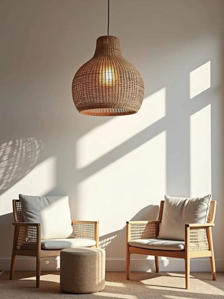 Living space featuring intricate shadows cast by woven rattan light