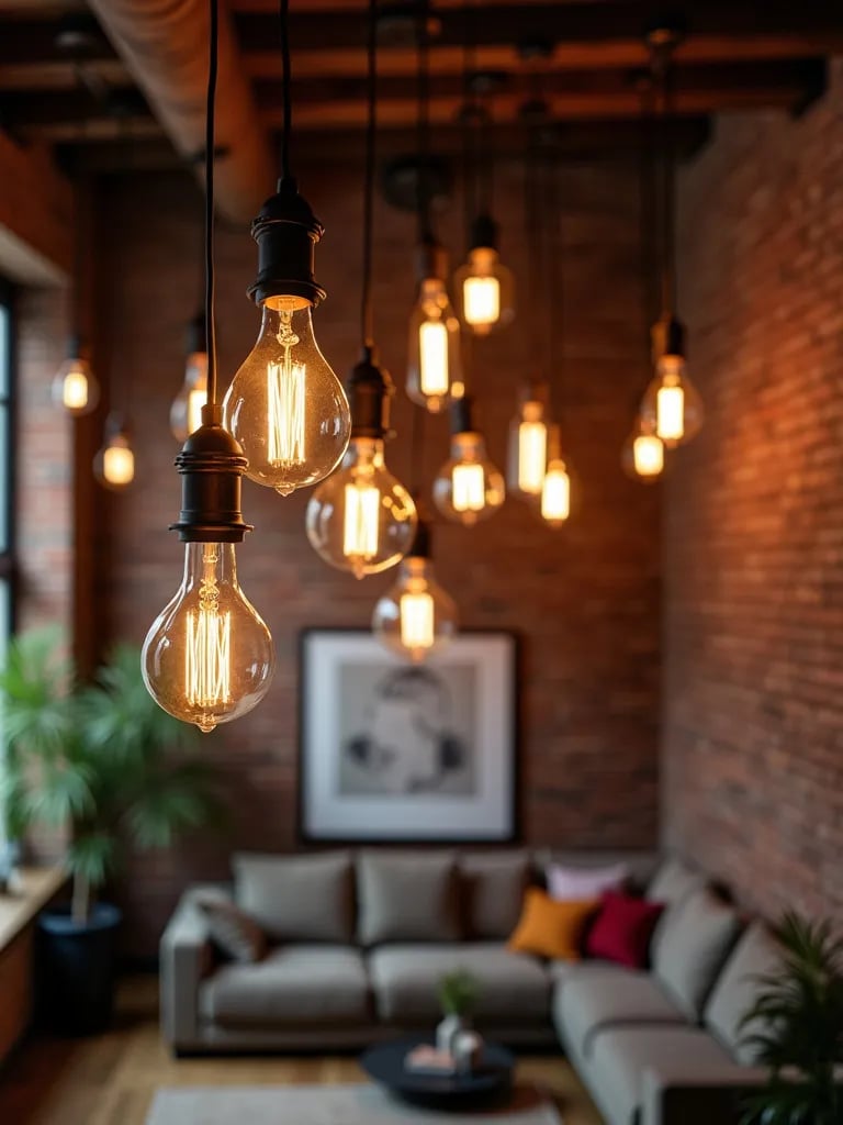 Loft style space with exposed brick and hanging Edison lights
