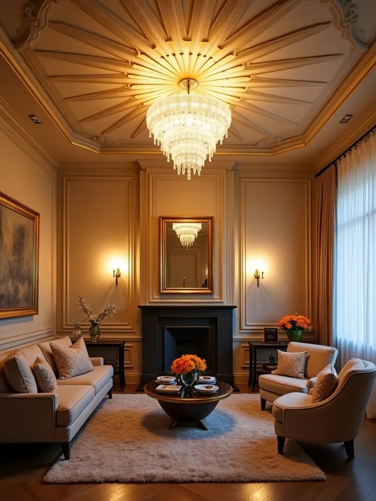 Low angle view of room with art deco ceiling light and matching sconces