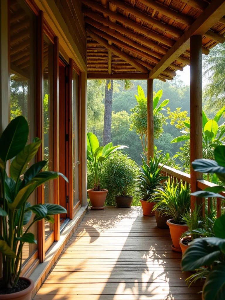 Lush porch featuring tropical plants, bamboo elements, and exotic privacy screens