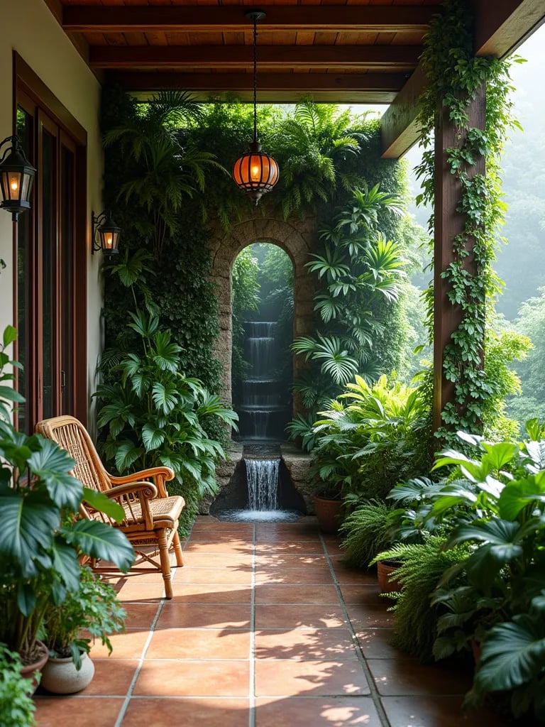 Lush porch featuring vertical wall of tropical plants with integrated waterfall element