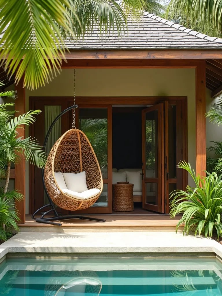 Lush tropical porch setup with exotic furniture and palm fronds