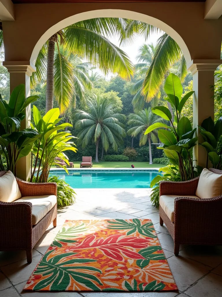 Lush tropical porch with leaf patterned rug, wicker furniture, and palm trees