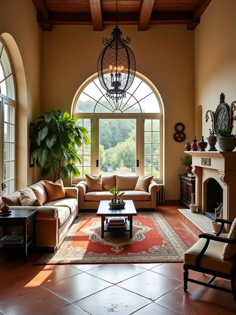 Luxurious living space featuring elaborate iron light and arched windows