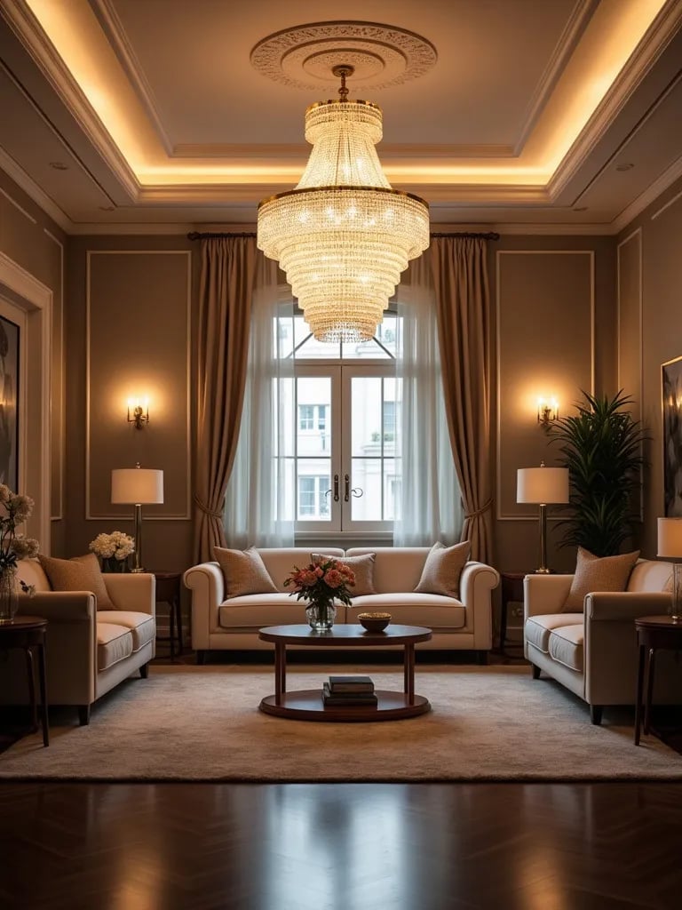 Luxurious living space illuminated by grand tiered crystal chandelier
