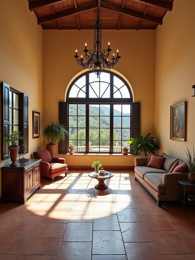 Mediterranean living room with ornate wrought iron chandelier