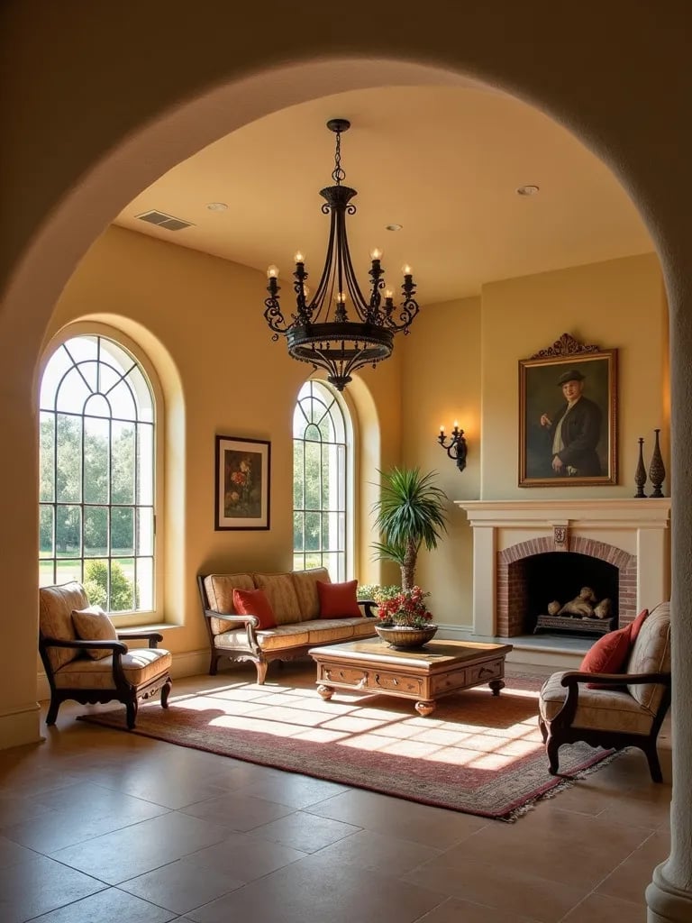 Mediterranean living room with wrought iron chandelier being hung from vaulted ceiling