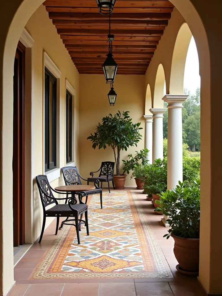 Mediterranean porch with wrought iron furniture and mosaic tiles framed by arch