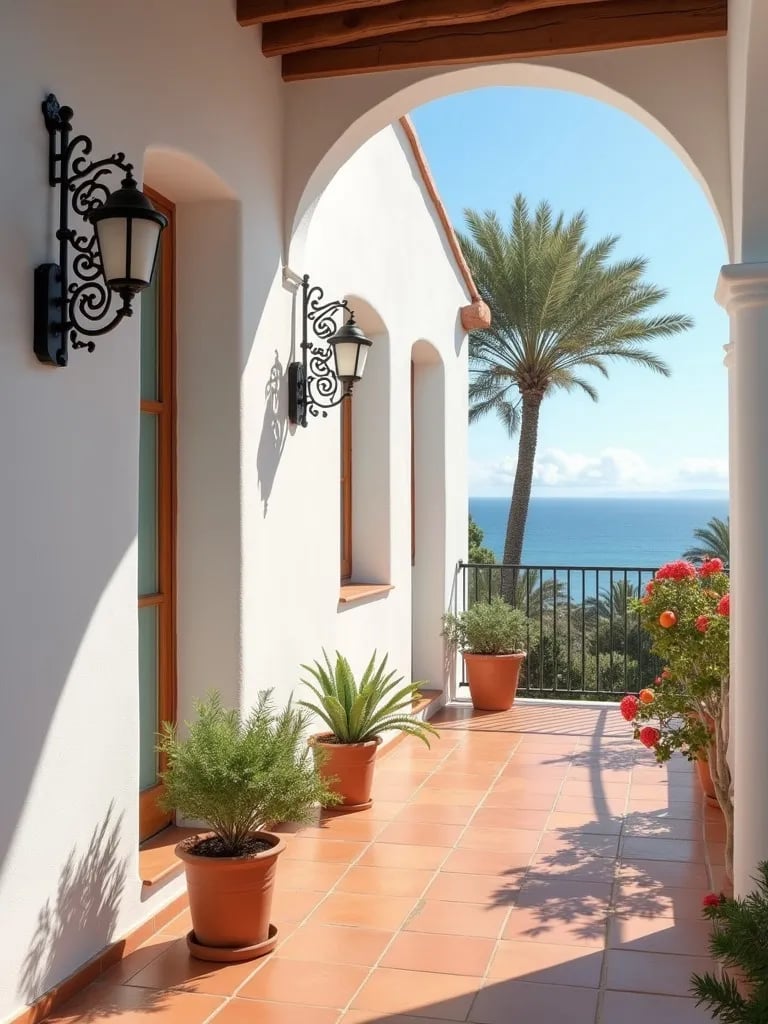 Mediterranean porch with wrought iron sconces and sea view