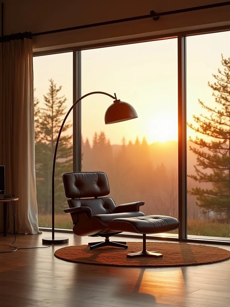 Mid century living room with dramatic arc floor lamp during golden hour