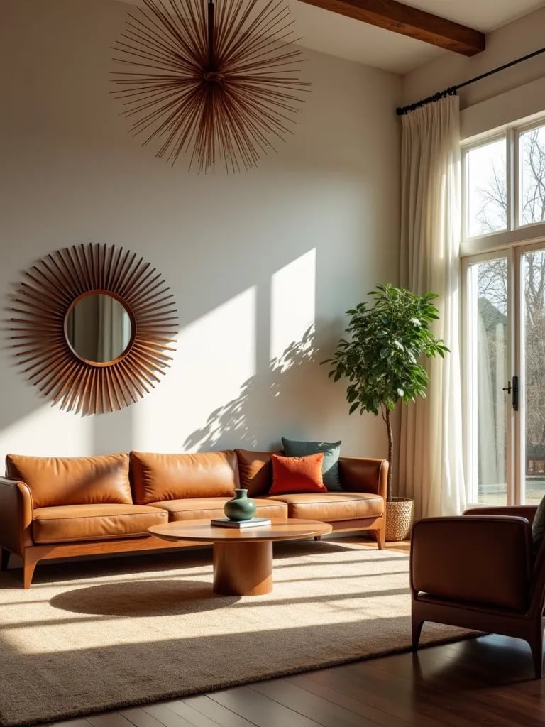 Mid century modern living room with Sputnik chandelier and walnut furniture