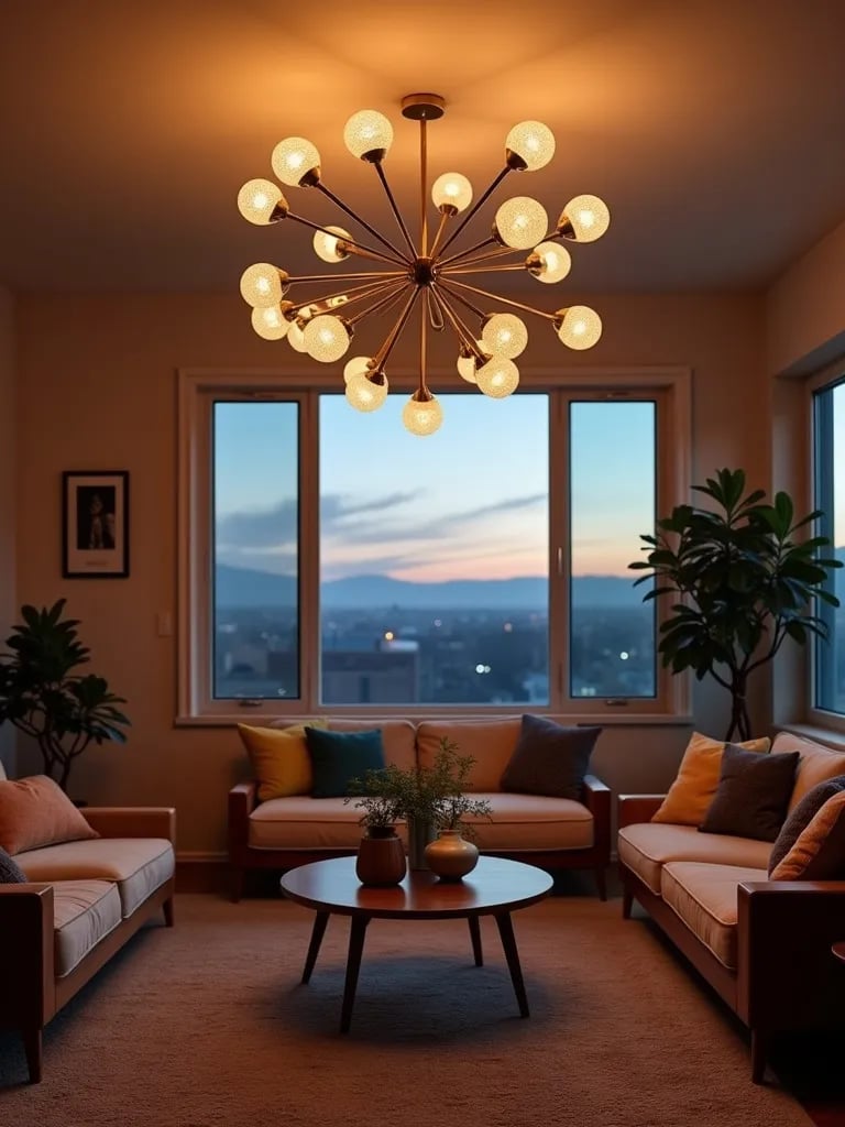 Mid century modern living room with sputnik chandelier over retro coffee table