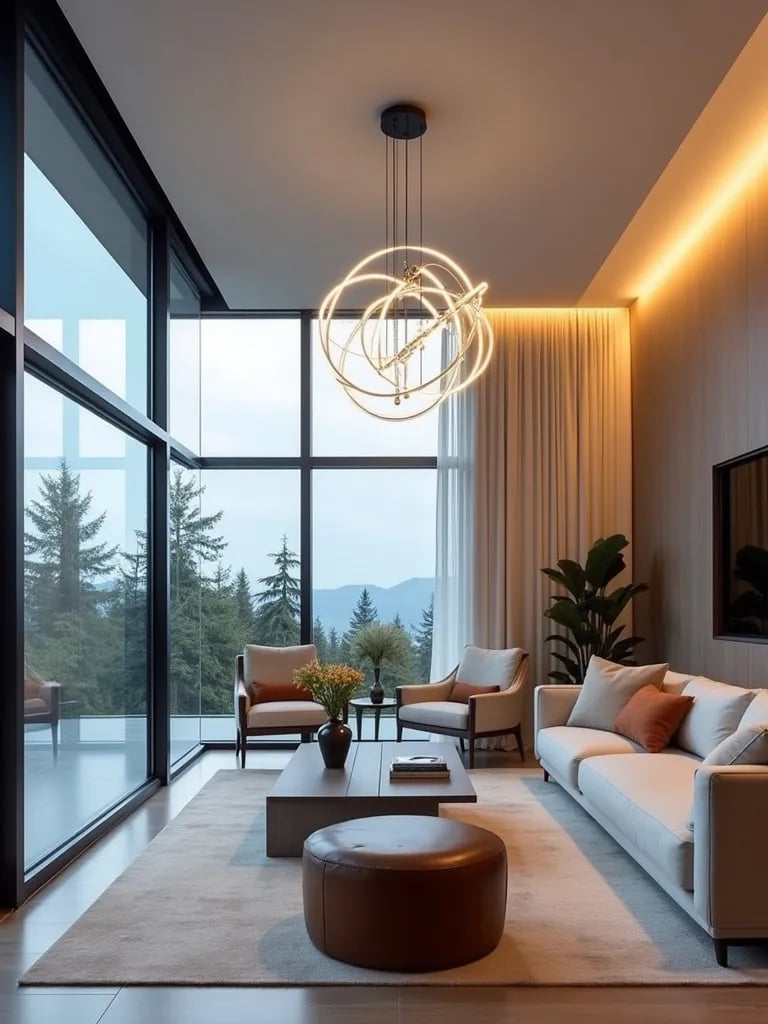 Minimalist living area featuring suspended linear LED light fixture