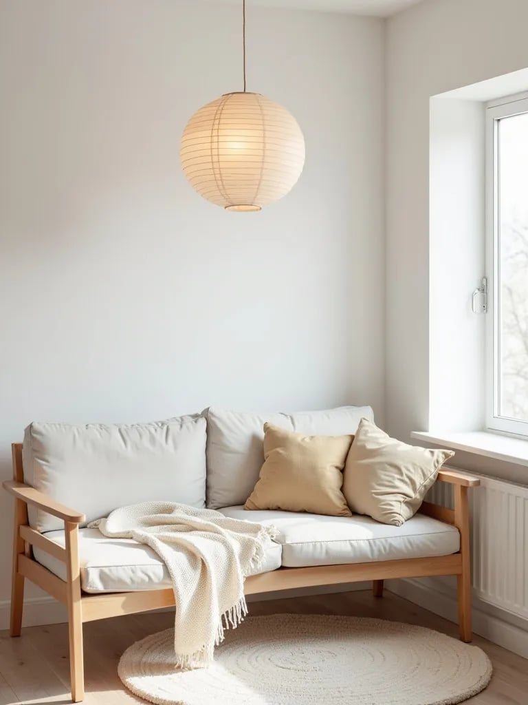 Minimalist living room featuring paper lantern light and light wood furniture