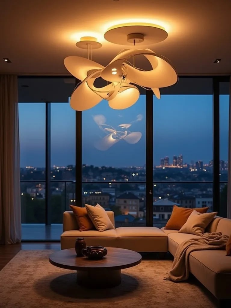Minimalist living room with artistic ceiling light casting shadows at dusk