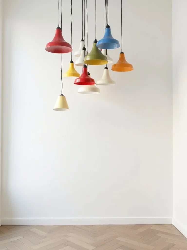 Minimalist living room with cluster of colorful mismatched pendant lights