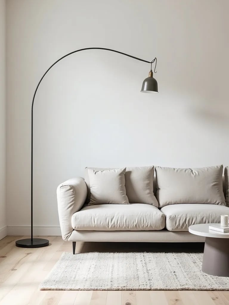Minimalist living room with large arc floor lamp over neutral sofa