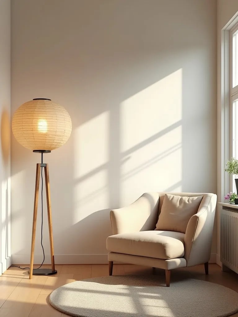 Minimalist living room with large paper lantern floor lamp in corner