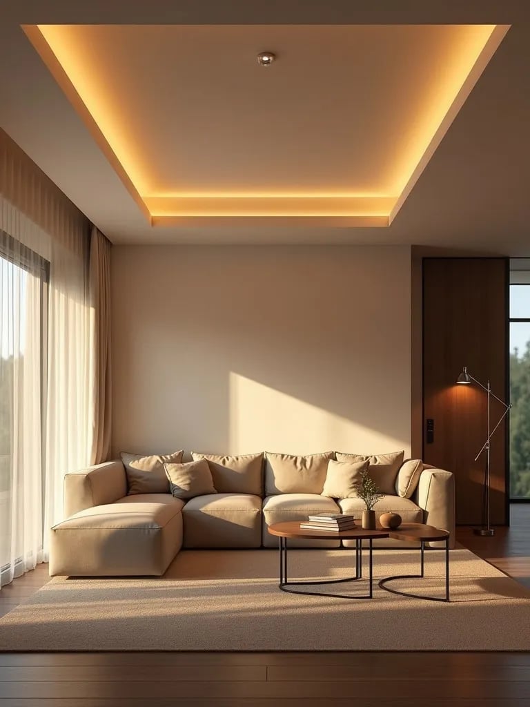Minimalist living room with sculptural ceiling light and hidden LEDs