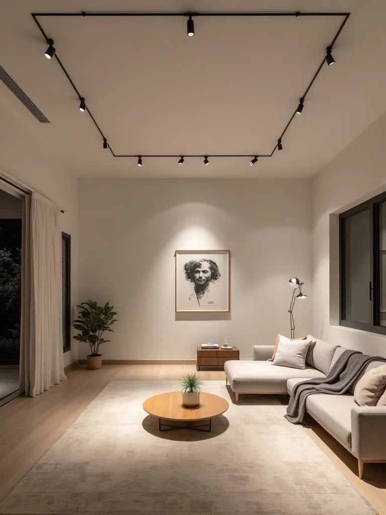 Minimalist living room with sleek track lighting highlighting artwork