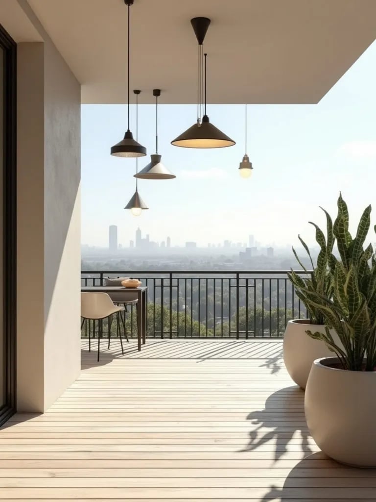 Minimalist porch featuring sleek pendant lights and potted plants