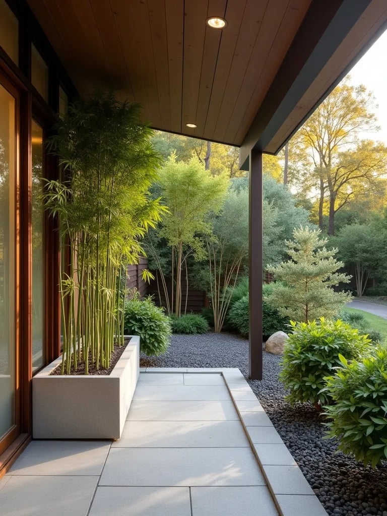 Minimalist porch featuring vertical arrangement of bamboo and maples with gravel ground cover