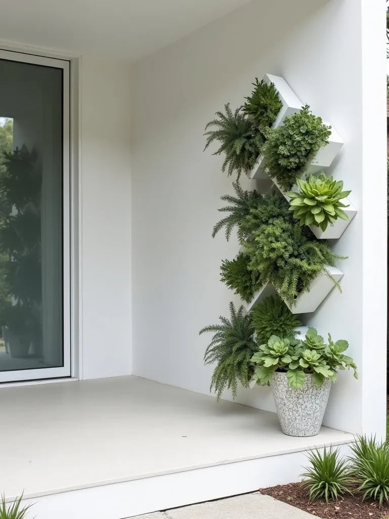 Minimalist porch featuring white walls with geometric plant holders and small plants