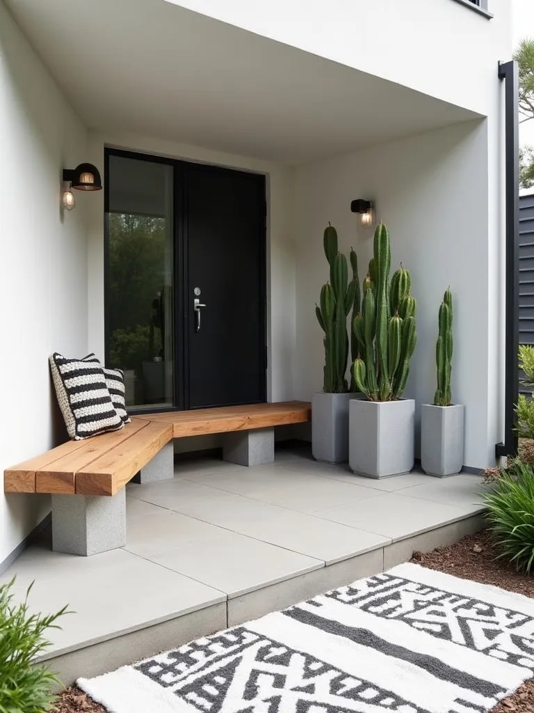Minimalist porch with DIY cinder block bench, geometric planters, and modern rug