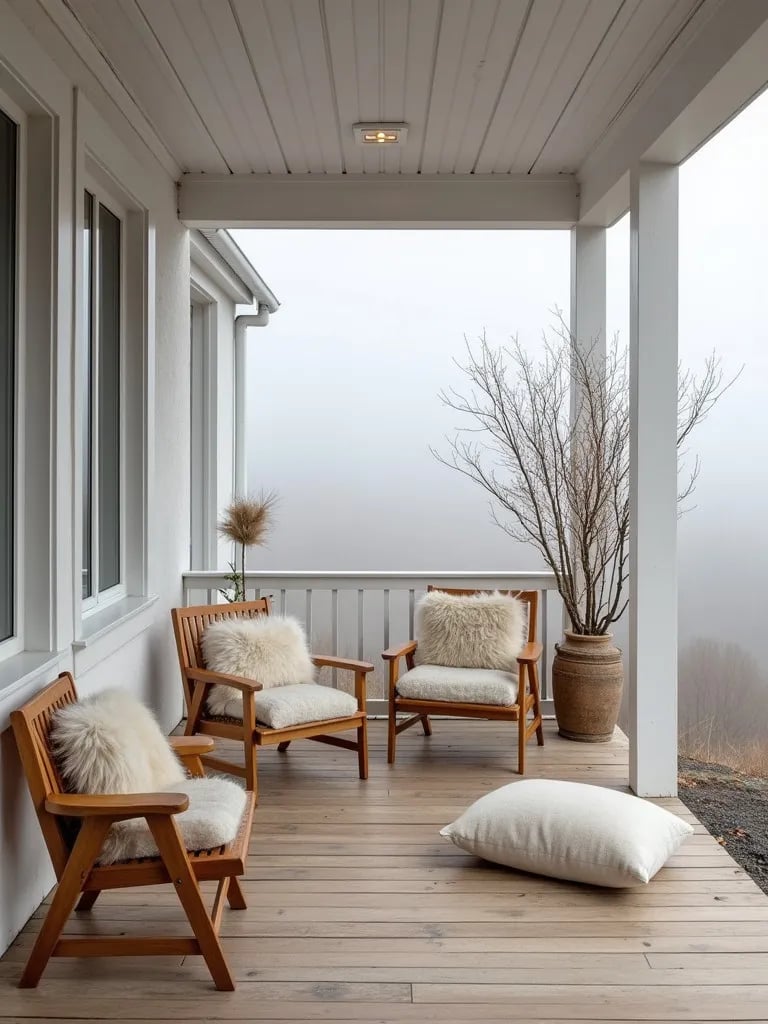 Minimalist porch with Scandinavian style decor on a foggy morning