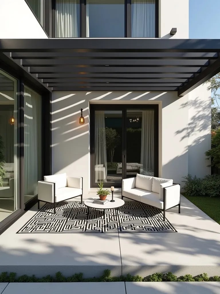 Minimalist porch with geometric rug and sleek furniture, viewed from above